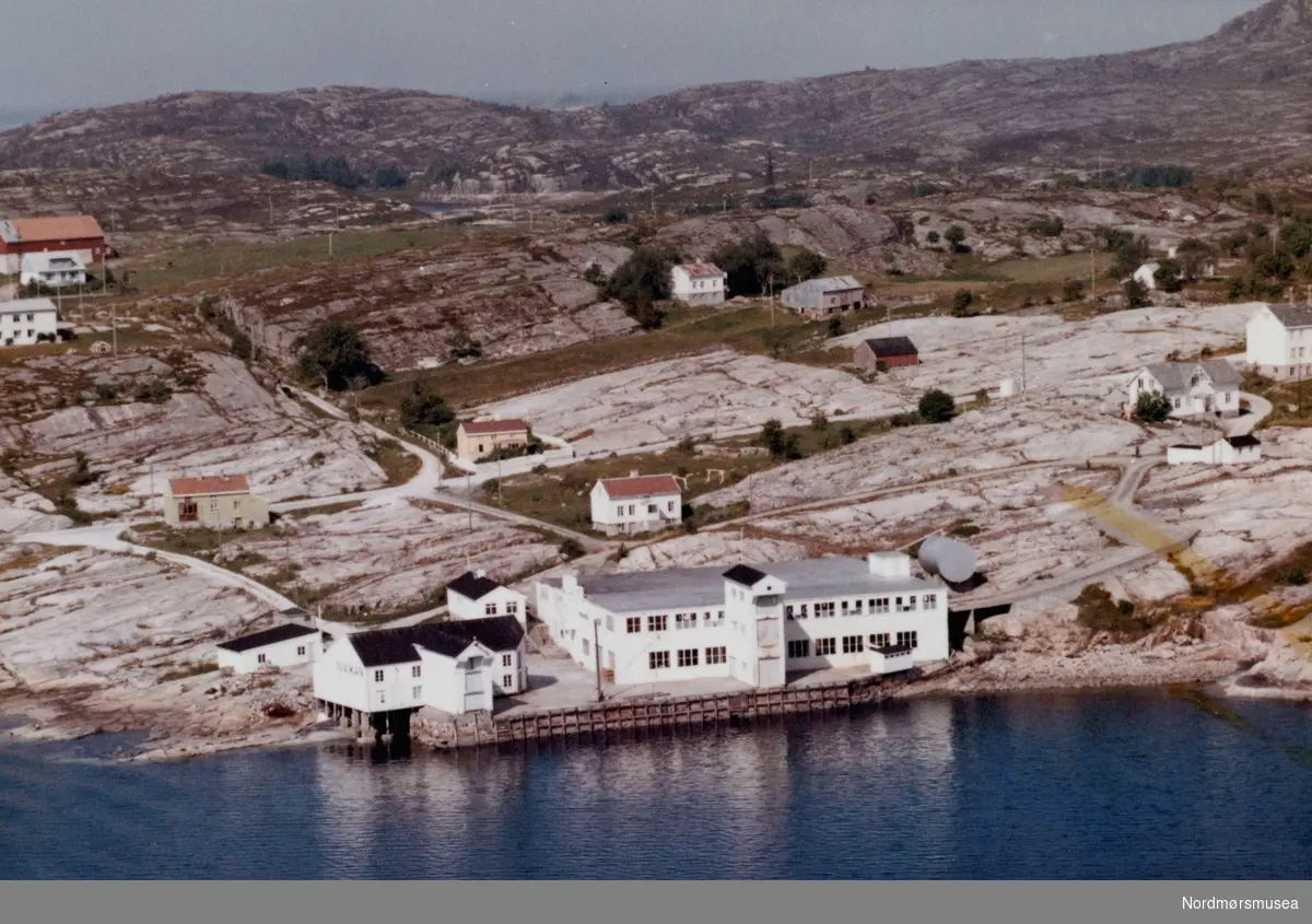 Til venstre i bakgrunnen ses såvidt Voldvannet, som var endel av kraftkilden til Storviks Mek. Verksted på Dahle ved Kristiansund. (Info Peter Storvik) -- Flyfoto av Omagata 127 B på Nordlandet i Kristiansund. Da dette bildet ble tatt bodde Johan Ånes i Omagata 127 B. Bildet er datert 11. juli 1962. 127b er det hvite huset midt på øvre halvdel av bildet. Fabrikken nede ved vannet er AS Vikan. Dagens administrasjonsbygg på Vestbase AS. Huset rett bak var det Reiten som hadde, mens det gule over der igjen var det Berit og Knut Fugelsnes som eide. Øverst i venstre bildekant ser vi fjøset på Ranheim gården, som ble revet under byggingen av Futura senteret. (Informant: Tore Ludvigsen. Fra Nordmøre Museums samlinger. )