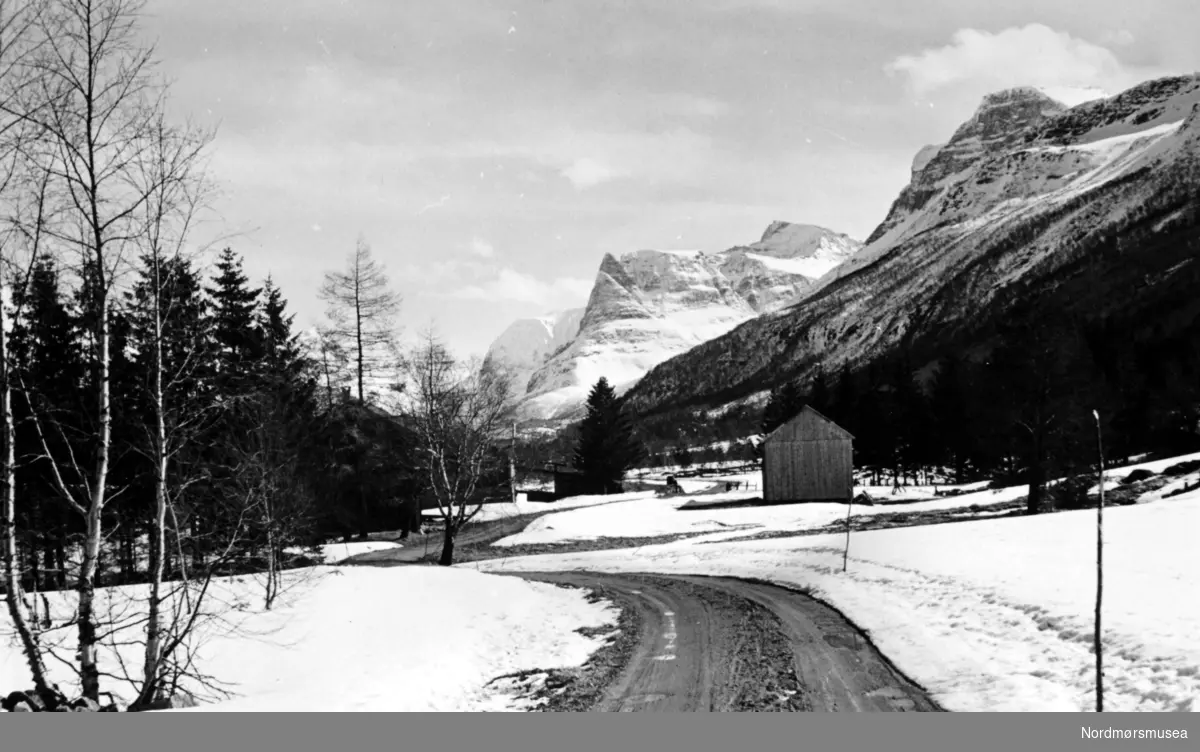 Dalsbø, Innerdalstårnet i bakgrunnen, Sunndal Kommune (info fra Ole Erik Loe 2017), fotograf kan være Georg Sverdrup og datering kan være fra perioden 1930 til 1939. Fra Nordmøre Museums fotosamlinger.