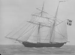 Tegning/maleri av seilskute med seilføring.
 (Fra Nordmøre Museums fotosamling)
