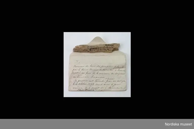 Huvudliggaren:
"Reseminne, poppel. Trästycke i kuvert. Fransk text. Från träd planterat av Marie Antoinette vid Trianon. Tagen 1893 på drottningens dödsdag 16 oktober av Claes Lagergren."