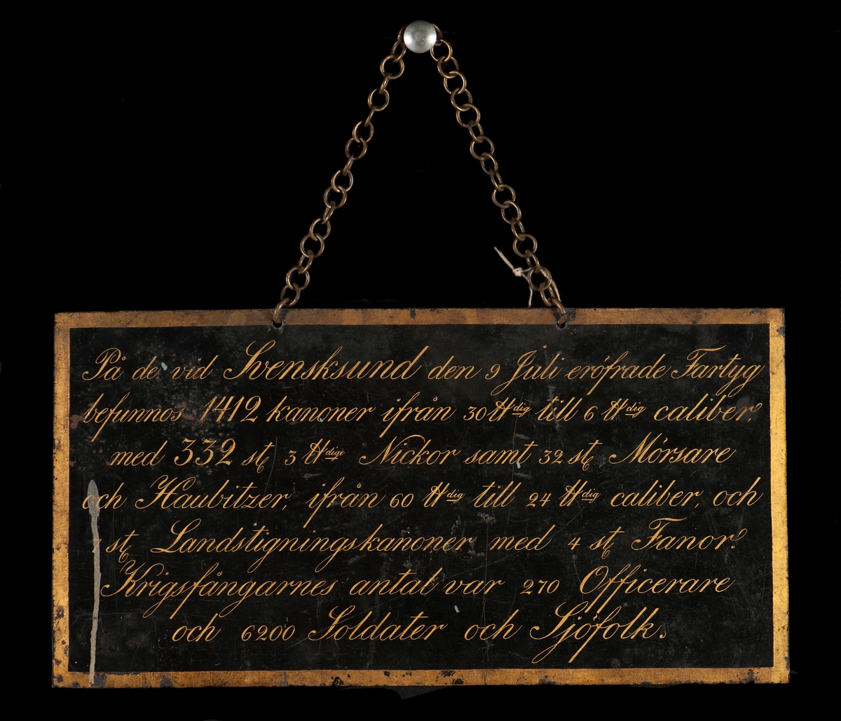 Uppgift å tagna fartyg, kanoner m.m. d. 9 Juli 1790 vid Svensksund. Kedja för upphängning.