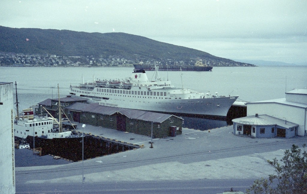"Skogøy" og turistkip ved kai og malmbår på havna.