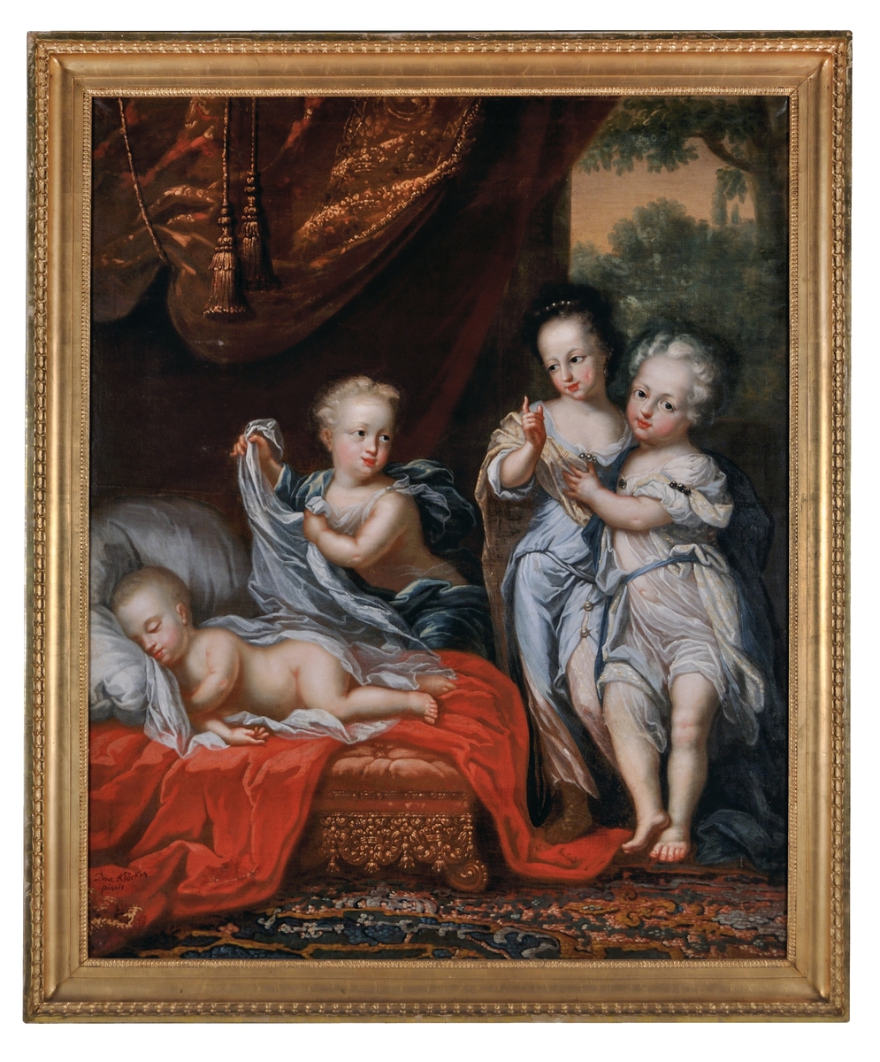 Målning föreställande kronprins Karl (senare Karl XII) och tre av hans syskon; liggande på bädden prins Ulrik, prins Gustav lägger en slöja över sin bror, prinsessan Hedvig Sofia och kronprins Karl. Kung Karl XI och drottning Ulrica Eleonora fick sju barn, endast Karl, Hedvig Sofia och Ulrica Eleonora d.y. nådde vuxen ålder. Prins Ulrik avled vid 10 månaders ålder 1685 och avbildas här som sovande.  Senare samma år avled även prins Gustav. Hedvig Sofia pekar mot himlen med blicken mot de små prinsarna. Kronprins Karls blick är riktad mot oss betraktare, ett sätt att visa att han är den viktigaste personen på målningen. Förgylld senempirram.
Repliker i Nationalmuseum: NM 6914 (ateljéarbete), NMGrh 1389 (tillskriven Ehrenstrahl).