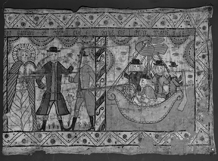 En målad bonad. Jesu fiskafänge m.m.
Till höger syns en kvinna och bl.a. herrar med hattar, med olika bilder.
Överst syns en biblisk text, som handlar om grandet och bjälken m.m.