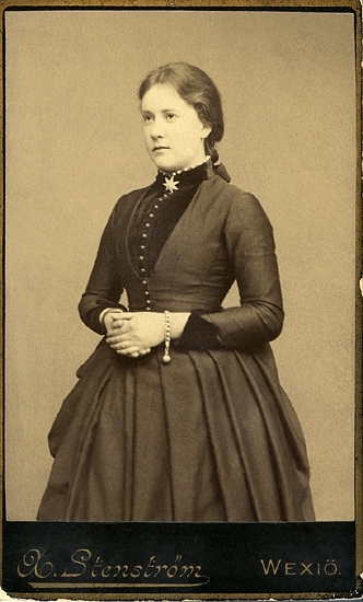 Porträtt (knäbild, halvprofil) av en okänd ung dam i mörk klänning med sammetsisättning och sammetskrage m. m.. 
På kragen syns en stjärnformad brosch. Runt höger handled syns ett armband med kulor.