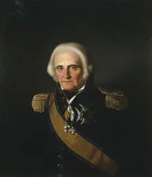 Portrett av Jens S. Fabricius. Mørk uniform, admiralsuniform. En orden festet på uniformen og to i bånd rundt halsen.