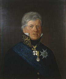 Portrett av Peter Motzfeldt.  Grått, kort hår. Statsrådsuniform (etter 1815), høy krave m/gull, blått ordensbånd, 3 ordener. (Foto/Photo)