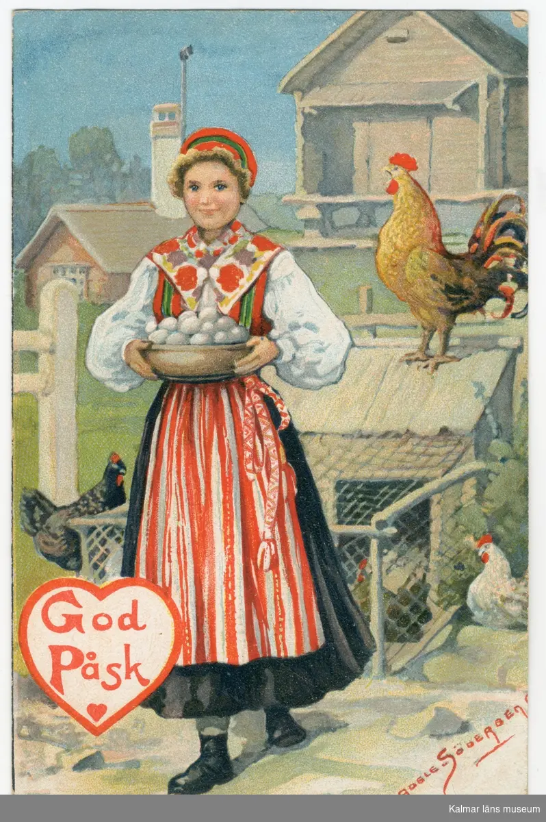 En ung kvinna klädd i folkdräkt bär på en skål med ägg. Bakom henne ses ett hönshus och hönsgård. På taket till hönshuset sitter en tupp och på marken sitter  en höna på var sida om hönsgården.