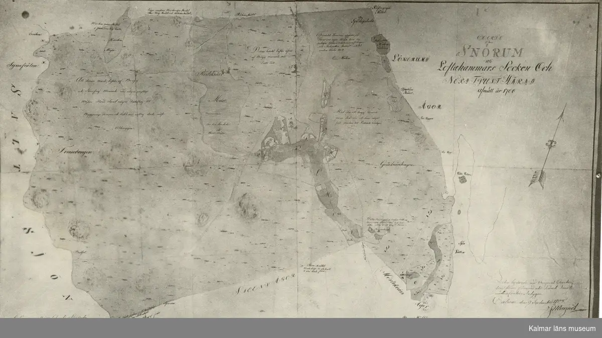 Karta över Snörom från 1700.

"Charta öfver Snörum uti Loftahammars Socken och Nora Tjust Härad afmätt år 1700"