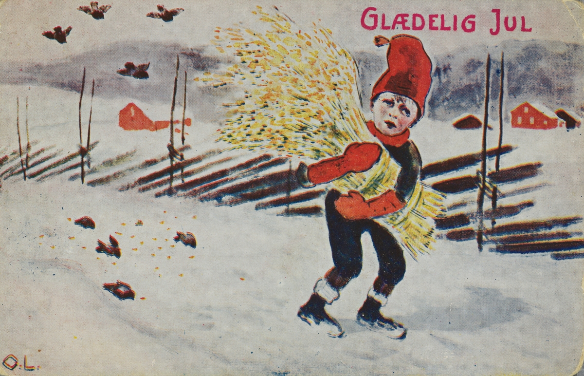 Julekort. Jule-og nyttårshilsen. Gutt med fuglenek og fugler ved en skigard. Skrevet 1912.