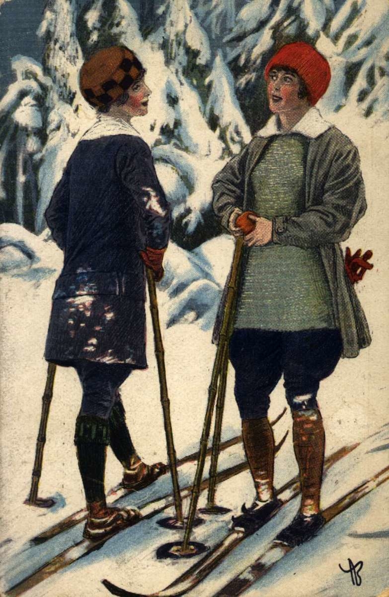 Postkort. Jule- og nyttårshilsen. Vintermotiv. To kvinner på ski møtes i skogen. Illustrert av Andreas Bloch. Stemplet 23.12.1913.