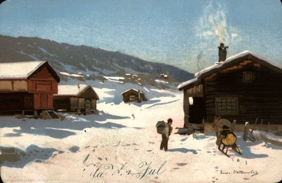 Julekort. Julehilsen. Vinterlandskap. Gårdstun i forgrunnen. En mann bærer en sekk mot slede. Illustrert av Ludvig Skramstad.