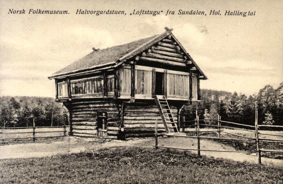 Postkort. Halvorsgardstuen, loftstugu fra Sundalen, Hol i Hallingdal.  Hallingdalstunet, NF.