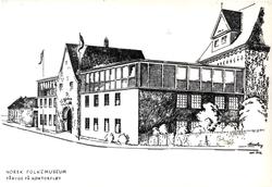 Postkort.  Påbygning av museets kontorfløy.  Bruksbygninger,