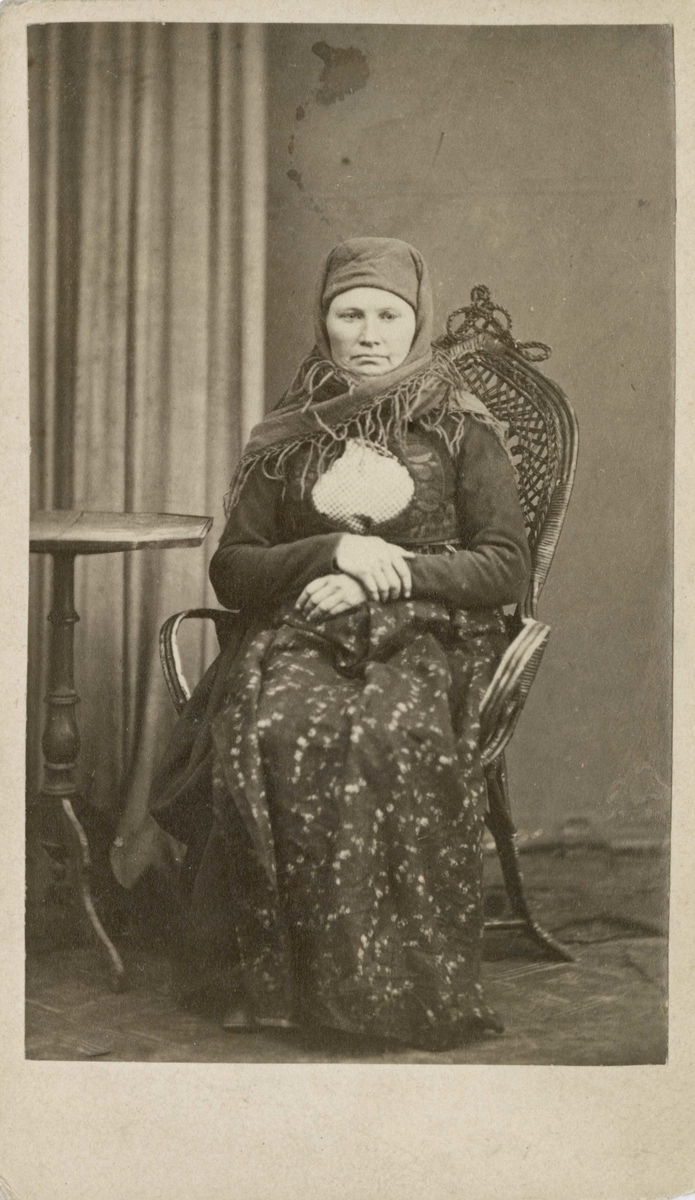 Fangeportrett. Berit Bendixdatter Solumeie, født 1836, bosatt i Sigdal, arrestert i 1870, innsatt i distriktsfengslet i Hokksund for å ha fått 3 barn utenom ekteskap.