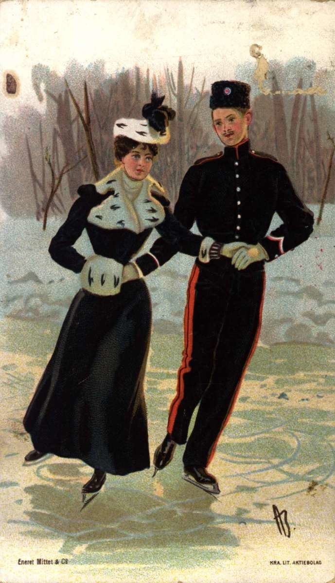 Postkort. Jule- og nyttårshilsen.  Tegning. Vintermotiv. Et par går på skøyter. Hun har lang kåpe med pelskrage, pelshatt og muffe. Han er kledd i en slags uniform. Illustrert av Andreas Bloch 1860-1917.
