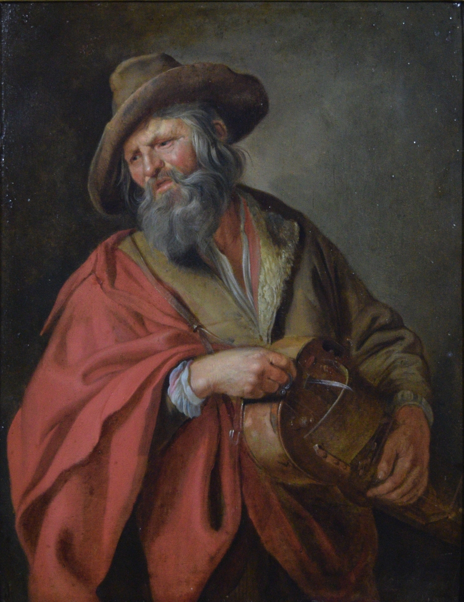 Maleriet viser en eldre mann med grått hår og skjegg. Han har en slitt hatt på hodet og bærer en lys rød kappe. Under venstre arm holder han et strengeinstrument.