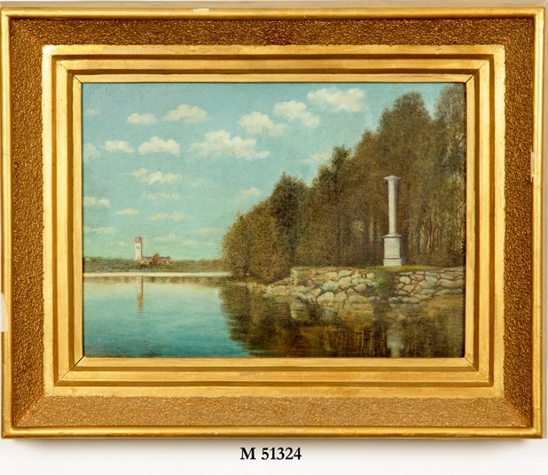 Oljemålning.
Landskap vid Växjösjön, sett från sydost, med "Kampa pelare" och Växjö domkyrka 
(1840-talsutseendet) i fonden.