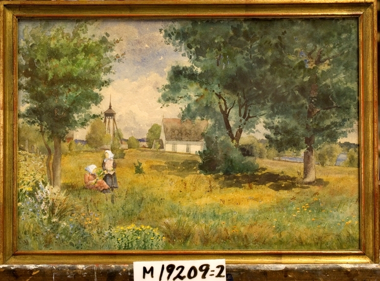 Akvarellmålning.
Flickor i gräset vid Öjaby kyrka. I bakgrunden syns en mindre stenkyrka med klockstapel.