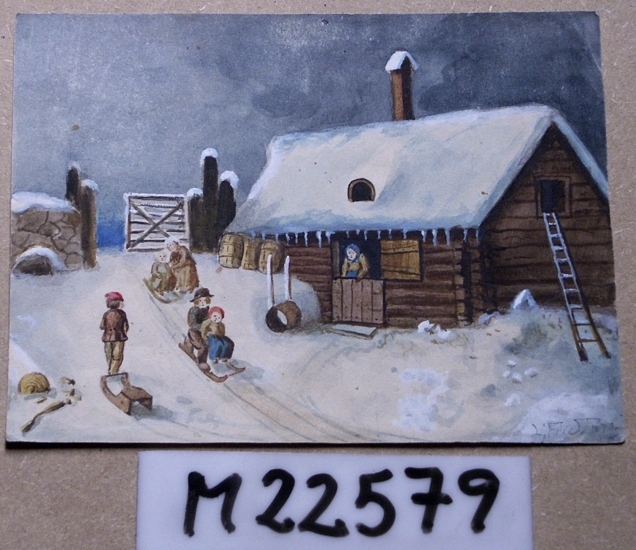 Akvarellmålning.
Vintermotiv med lekande barn utanför en stuga.