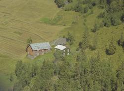 Gamle bygninger, gård, hesjer, skog