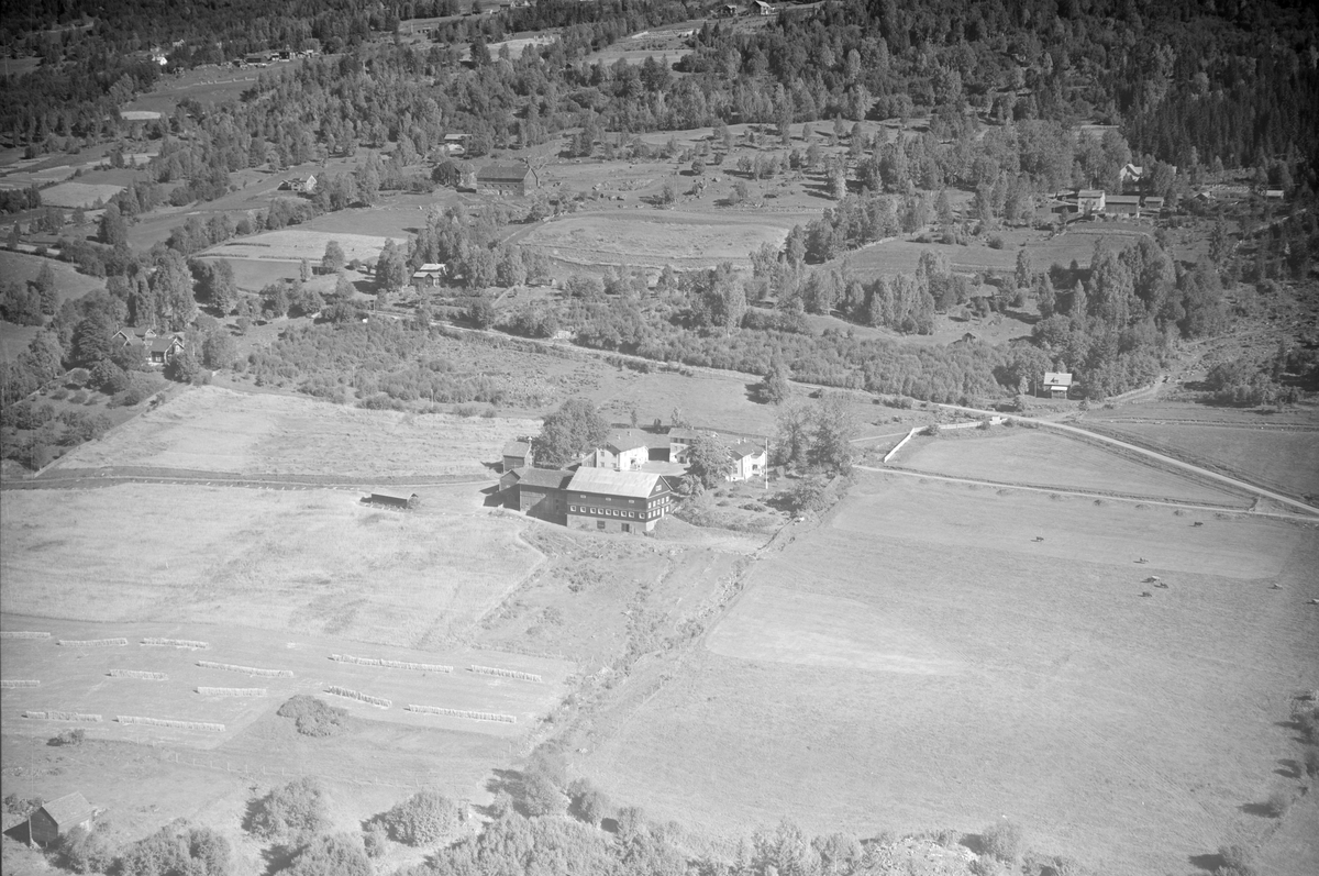 Hunder gård, Øyer, 1952, 3 toetasjes våningshus, stor driftbygning og 3 andre hus. Hvit flaggstang og kjøkkenhage. Åkre, slåttonn, hesjing, blandingsskog