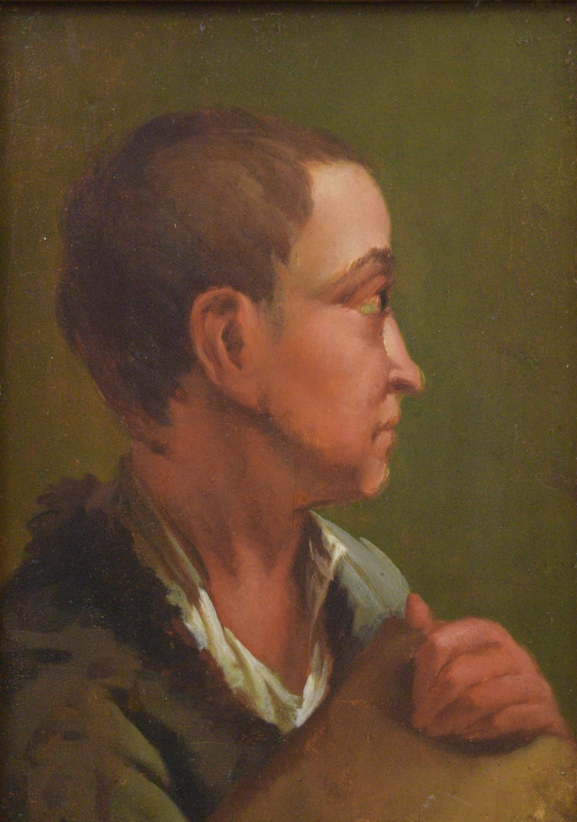 Bildet viser en ung mann som holder en flat gjenstand (bok eller en mappe?) opp mot brystet. Maleriet er trolig en oljeskisse til en større komposisjon.