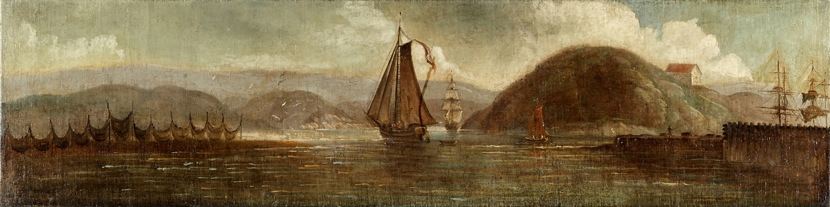 Fjord, seilskip, handelskip, fiskegarn, øy, brygge, fisker, landskap