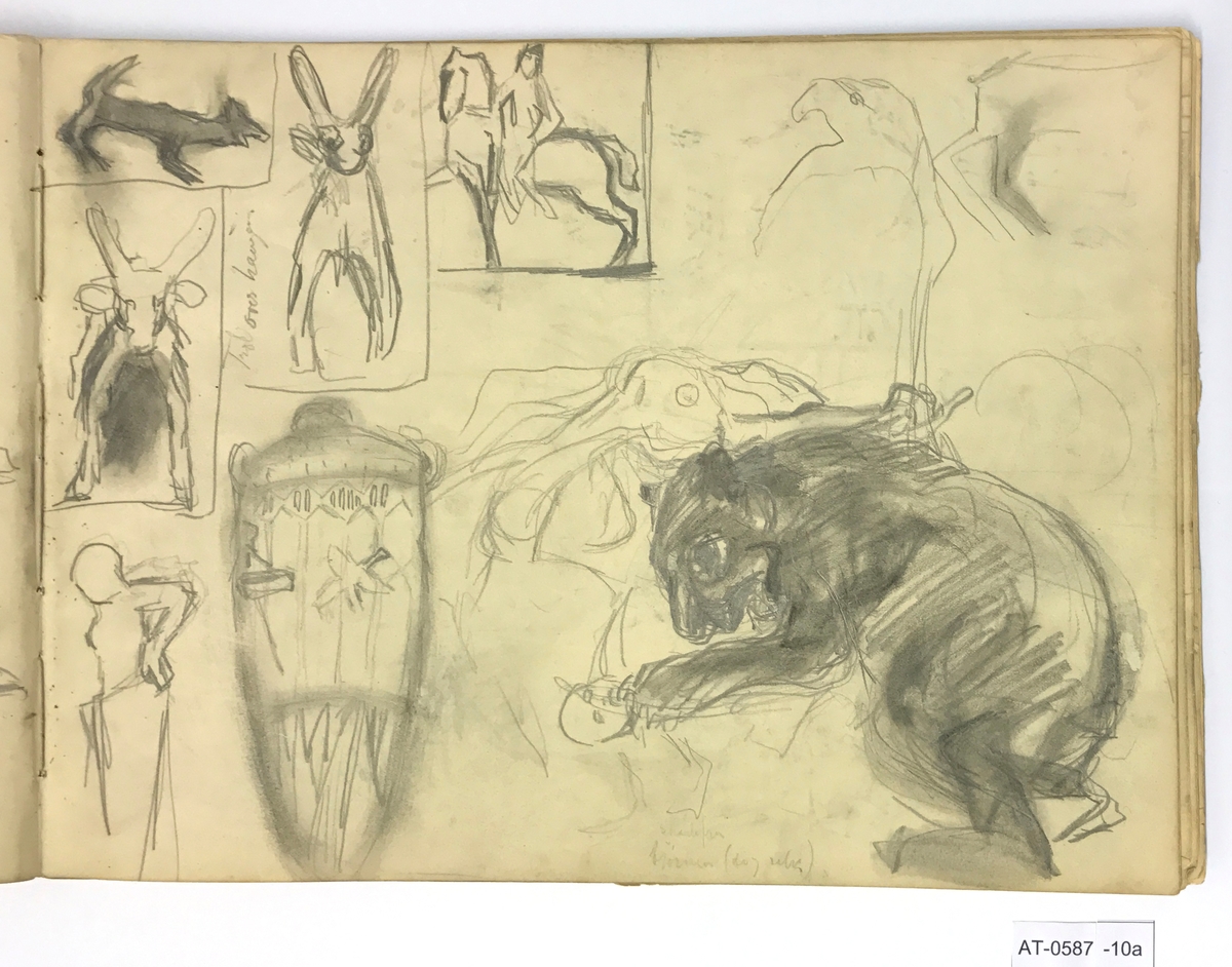 7 skisser av bjørn og barn, urne, hare, rytter, kvinne mm [Tegning]