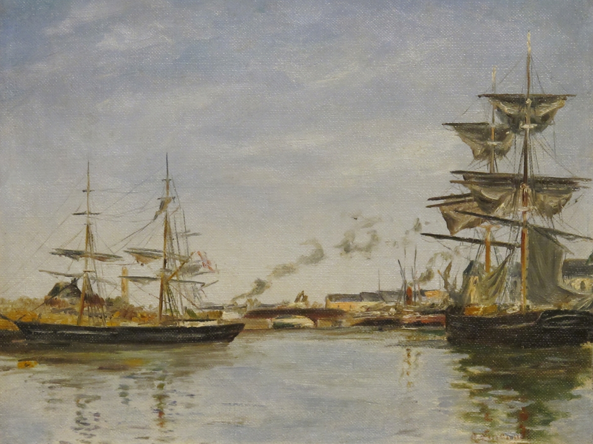 Segelfartyg i hamn vid flodmynning
