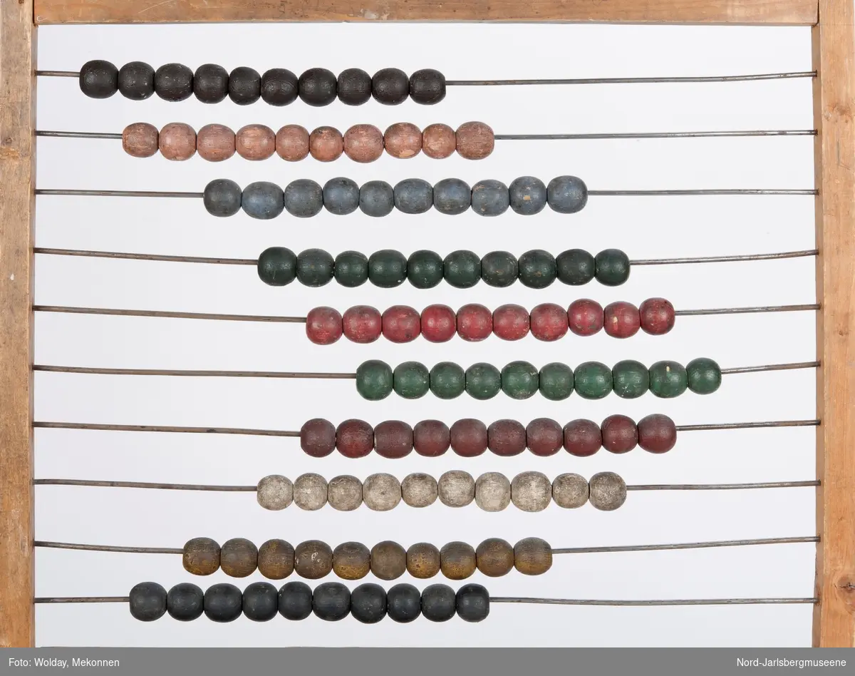 Kuleramme i tre, med ti metallstrenger á ti kuler, rtammen i umalt tre, mens kulene er malt i forskjellige farger.