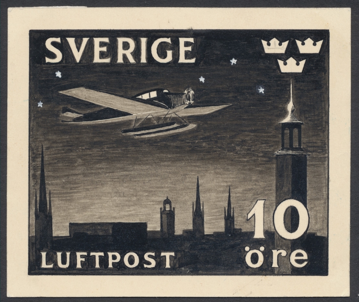 Luftpost. Ett flygplan, Junkers F13, över silhuett av Stockholm.