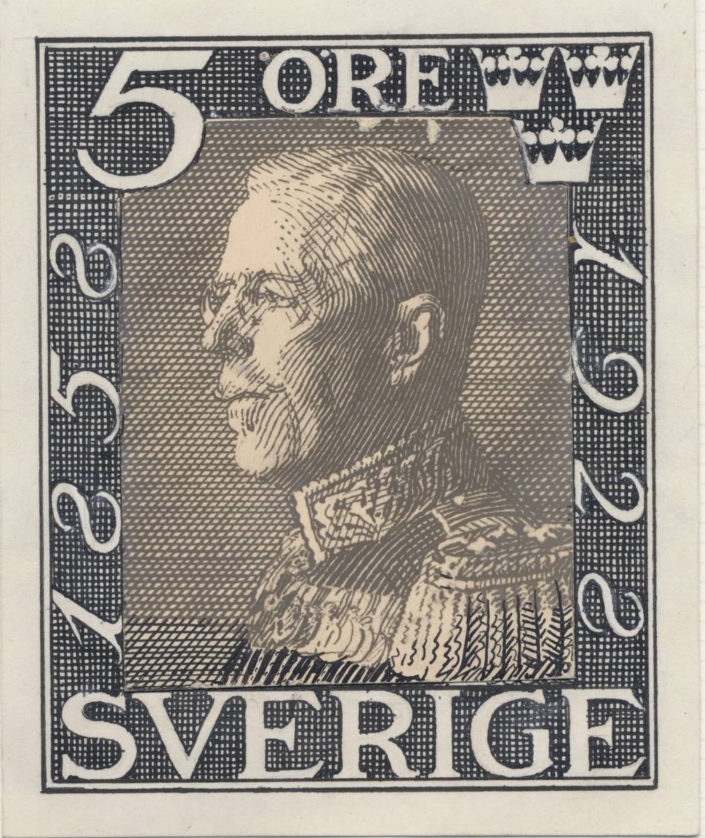 Förlaga från år 1928 som verkar som underlag till frimärket Gustaf V 70 år.