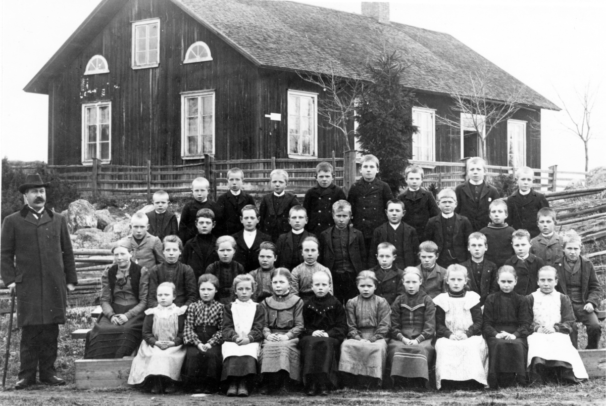 Bäcks gamla skola omkring 1900.
Den nuvarande skolan byggdes 1905. Läraren troligen Tigerström.