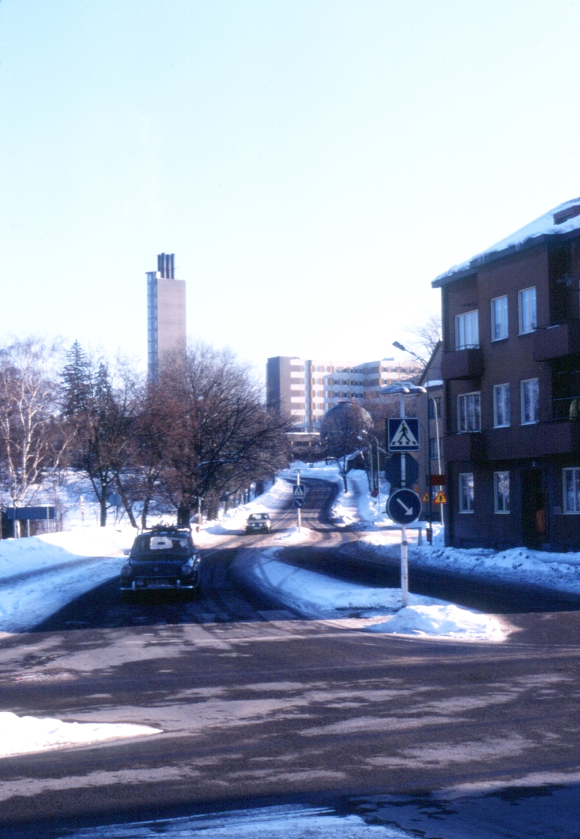 Korsning Djurgårdsgatan och Lasarettsgatan, i bakgrunden ses Universitetssjukhuset med skorsten och oljecistern, till vänster skymtar delar av trädgårdsföreningen.
