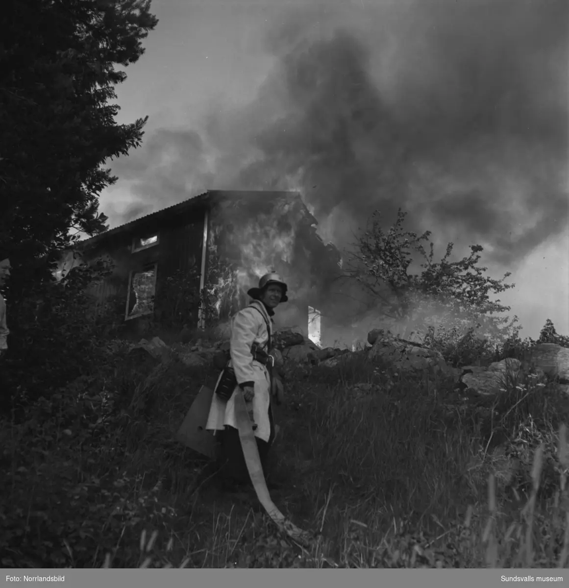 Tre byggnader slukades av elden i en våldsam brand i Allsta. Branden startade i hemmansägare Ture Lindboms ladugård och spred sig snabbt till ladugården hos Valdemar Dahlberg och sedan vidare till Dahlbergs bostadshus. Inga människor kom till skada men en häst och omkring 80 höns omkom i lågorna.