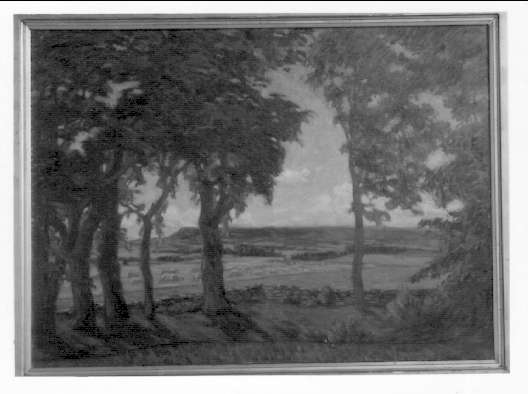 Landskapsbild från Dala gård mot Plantabergen. "Till kamraterna vid livregementets husarer från Eugen 1942". Tavlan är målad av prins Eugen.