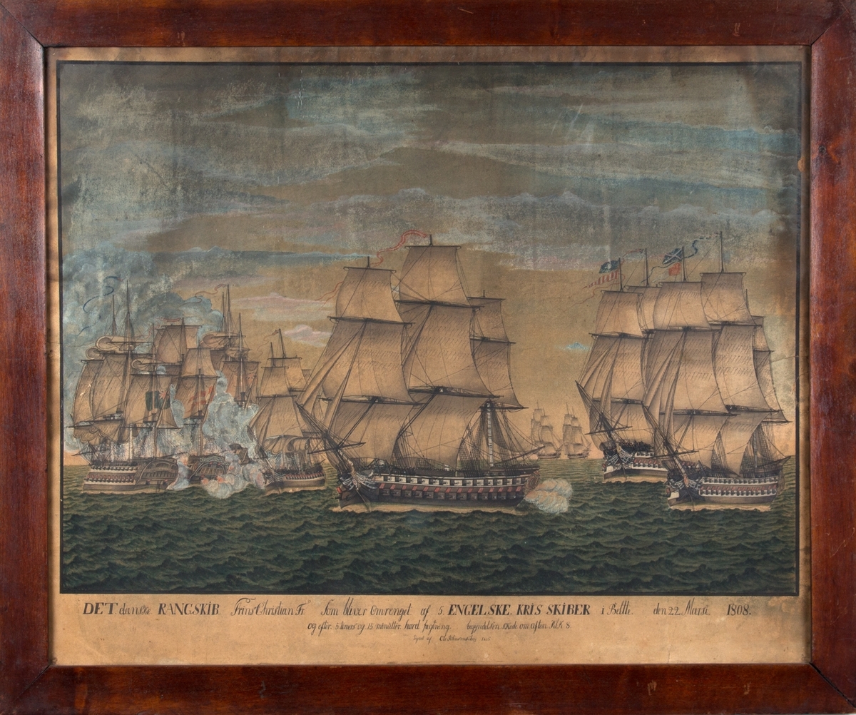Den danske rangskip PRINS CHRISTIAN FR omringet av fem britiske krigsskip i kamp den 22. mars 1808.