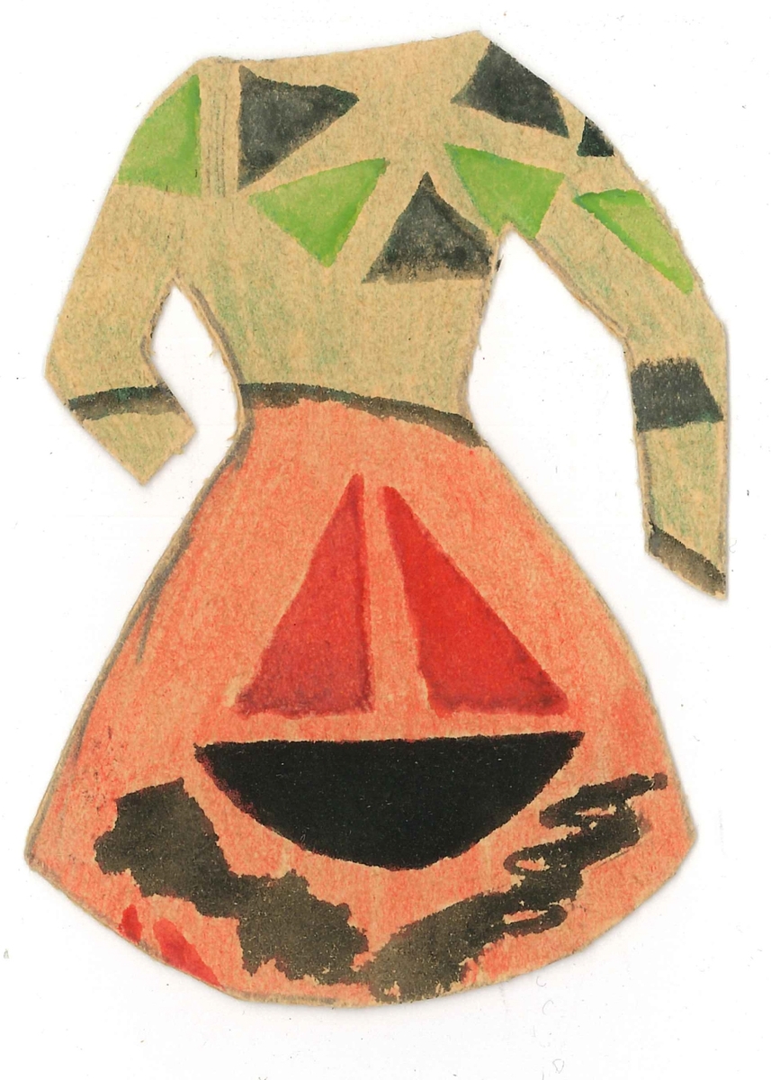 Klippdockskläder, en klänning i rött, grönt och svart. På kjolen finns en segelbåt. Klänningen är hemmagjord.

Tillhör klippdockorna i papp (VM29162:01, VM29162:03, VM29162:06).