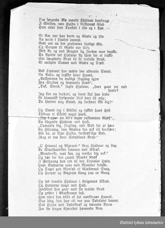 Viseheftet "Kjærlighedsvisen om Hjalmar og Hulda", pris 10 øre, utgitt før 1908.

Påskrift på første side: Jenny Flaten Tukkun  Torsdag 27. August 1908.