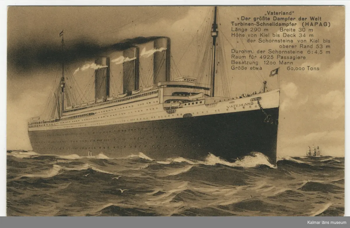 Fartyget Vaterland, 1914-1938, ångfartyg på Transatlantiklinjen, för det tyska rederiet Hapag. Blev kvar i USA redan 1914 på grund av första världskriget. 1917-1938 i USA under namnet Leviathan.