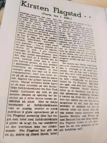 Avisartikkel om Kirsten Flagstads opptreden i Covent Garden i London. Datert 19. mai 1936.