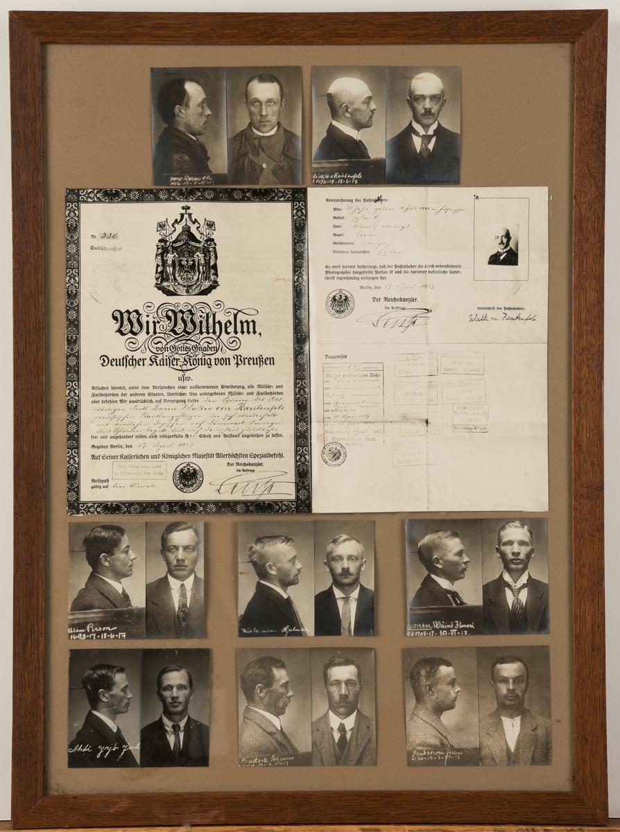 Innrammet bilde som viser Walter von Rautenfels' kurérpass og fotografier av arresterte spioner og sabotører under 1. verdenskrig