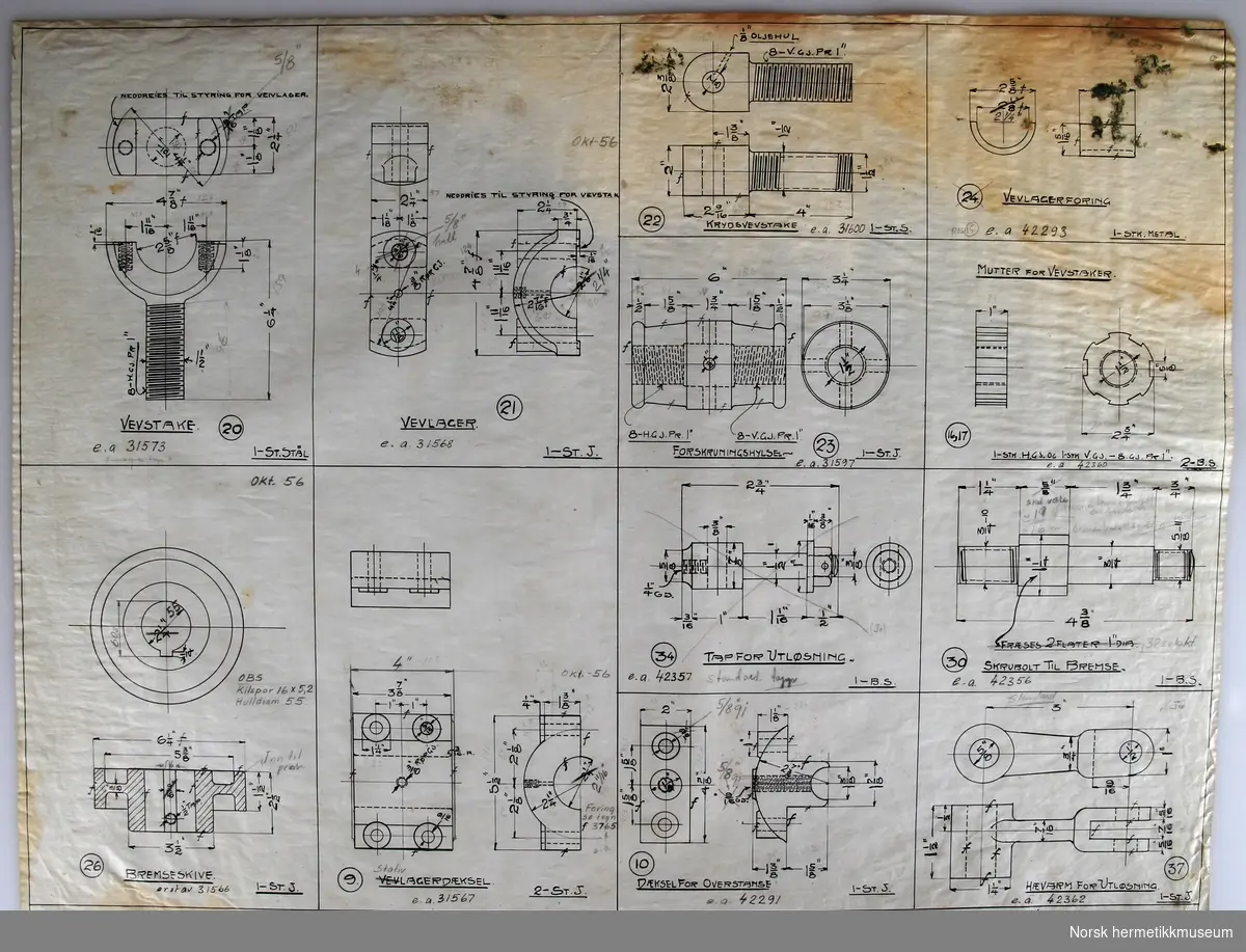 Kopi av syv tekniske tegninger tilhørende samme maskin.