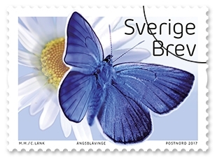 Frimärken i häfte, med tio självhäftande frimärken med fem motiv av olika fjärilar. Valör Brev.
