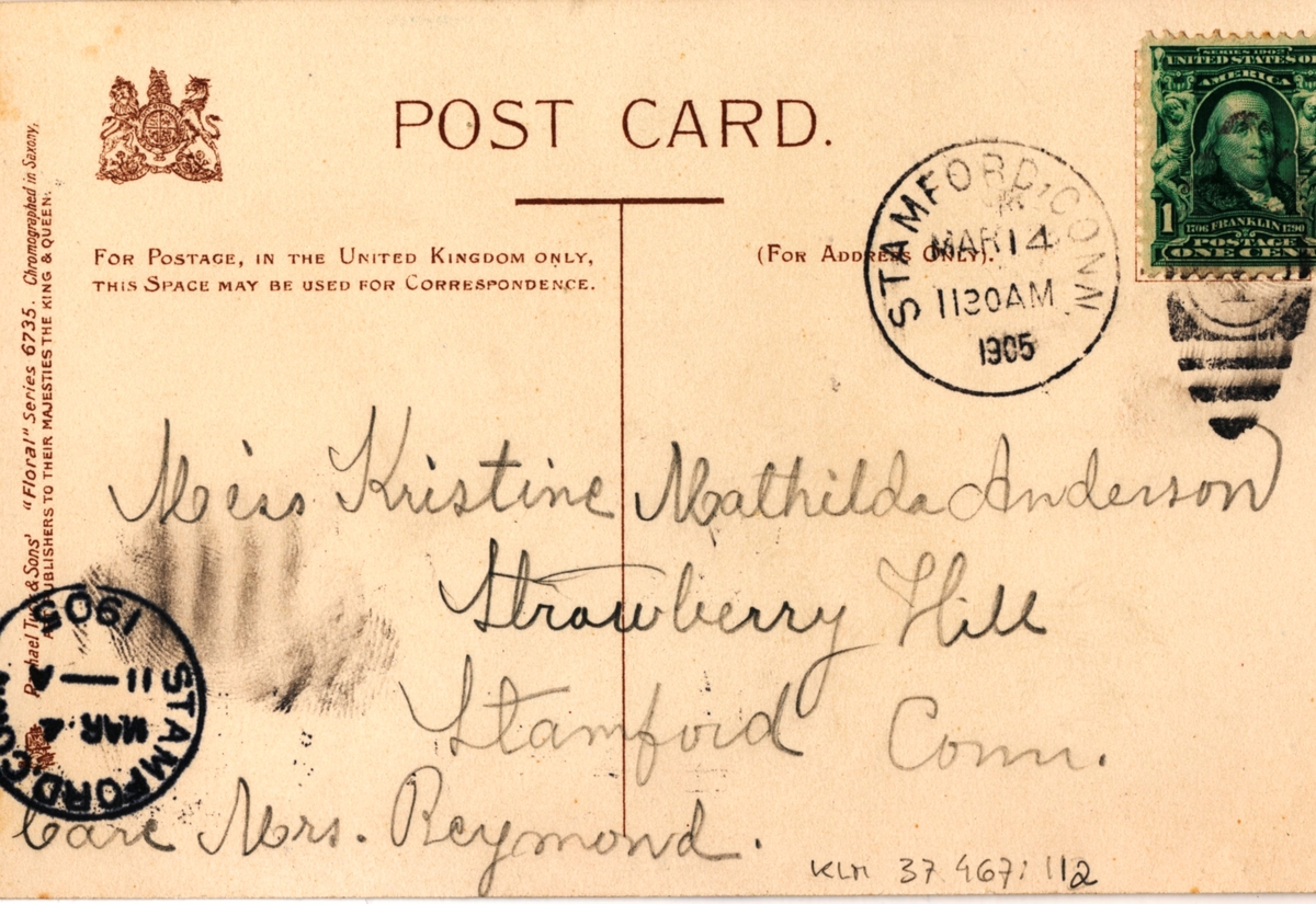 Ett vykort till Kristine Mathilda Anderson, Stamford, Connecticut, USA.