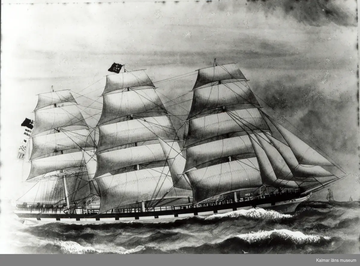 Fullriggaren Allerton.
Reproduktion av gammal bild. 
Allerton byggd 1884 R.W. Leyland & Co 1882-1894.
Ägare Iron Ship.
2211 ton, längd 272,7, bredd 40,1 , djup 24,6.
Byggd av Osward , Mordaunt Co