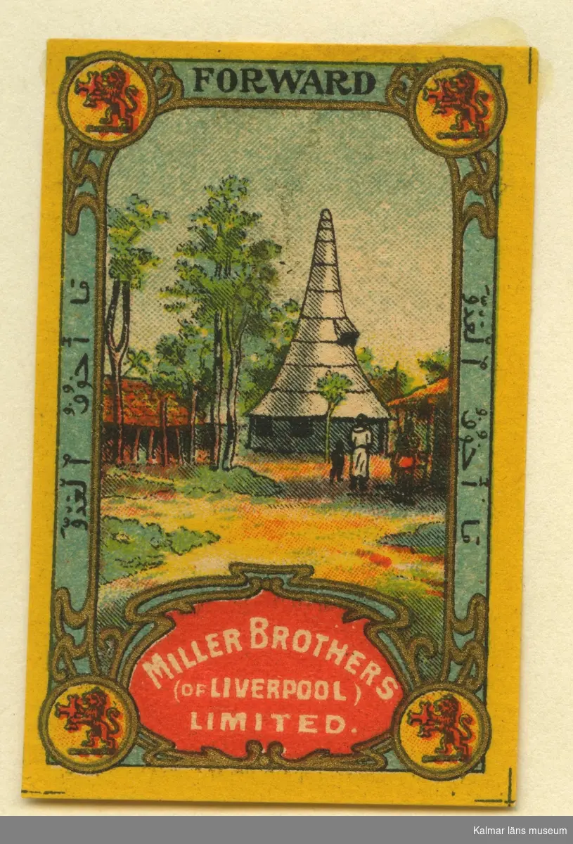 Tändsticksetikett från Mönsterås Tändsticksfabrik, "Miller Brothers (Of Liverpool) Limited"