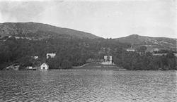 Sommer. Landsted. Hus med plen helt ned til sjøen. Spredt be