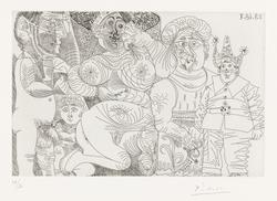 Kvinne med hatt og nellik, mann med turban, klovn, putto og 